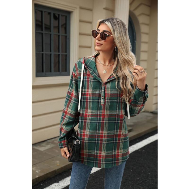 Осенне-зимняя женская куртка больших размеров с длинными рукавами и капюшоном на пуговицах, клетчатая толстовка