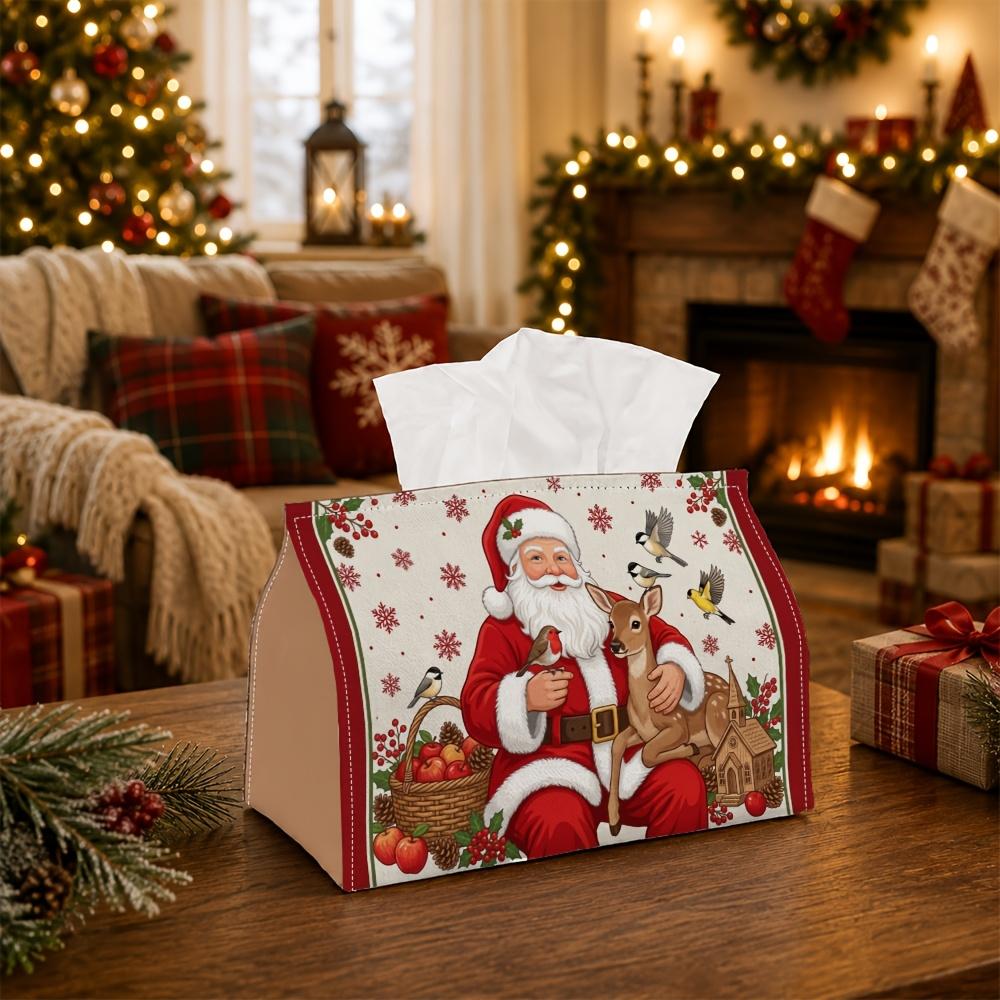 1pc Classic Vintage Holiday Tissue Box - Santa Claus Deer Bird Napkin Storage Box, Suitable for Rolls/Facial Tissues, Multi-Functional Storage Box for