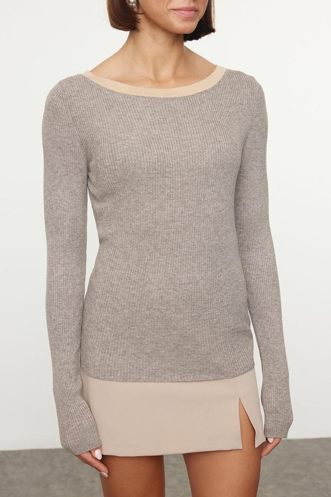 Женский модный стильный свитер с норковым воротником и детальным трикотажным свитером