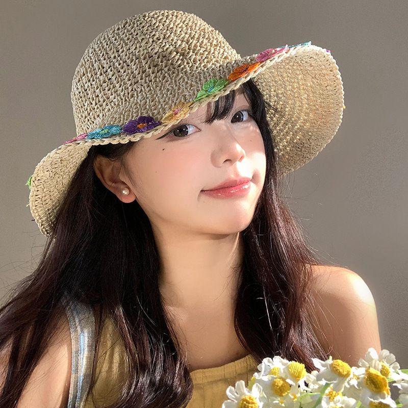 Соломенная шляпа с цветочным узором для женщин, летняя шляпа с большими полями для рыбалки, пляжная шляпа для защиты от солнца и защиты от солнца