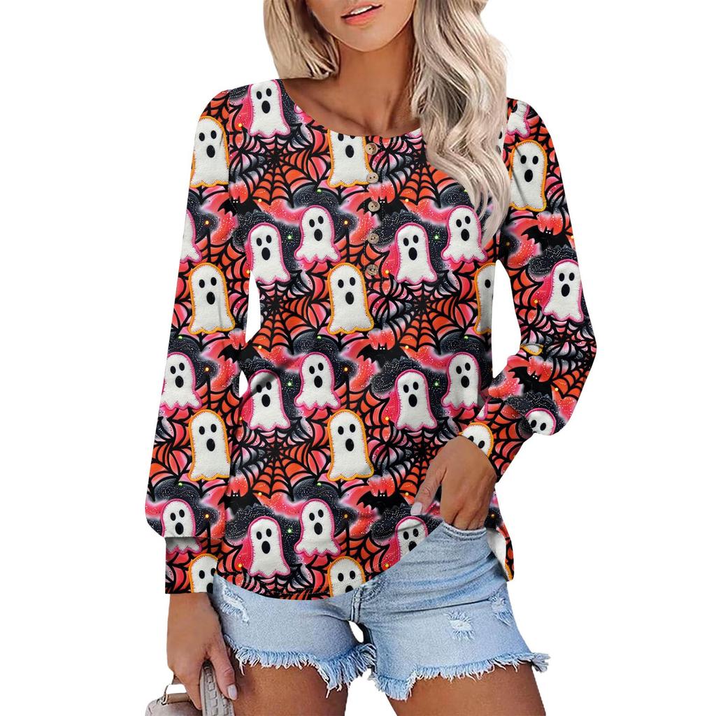 Women's Long Sleeve Round Neck T-Shirts Halloween  Print Puff Sleeve Shirts Button Blouses Tops