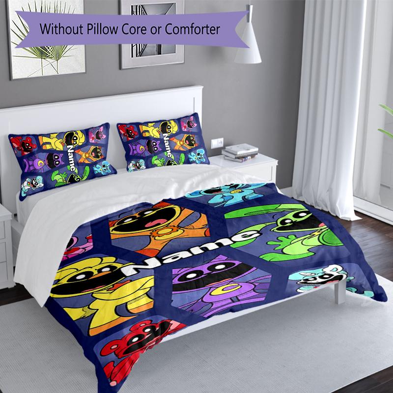 3pcs Custom Name Smiling Critters Bedding Set,Includes 1 Duvet Cover and 2 Pillowcases,All-season Bedroom Decor