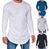 Мужская футболка однотонная с неровным низом Весна Осень Круглый вырез Длинная рубашка для повседневной носки