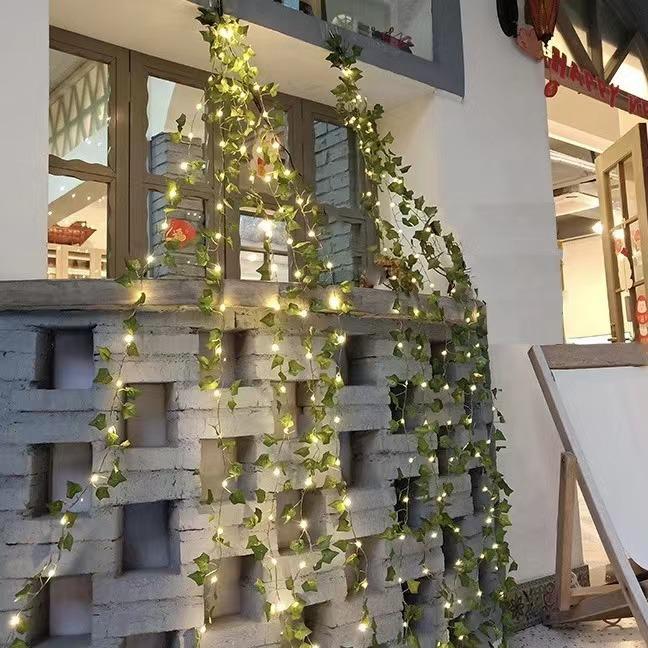 Солнечная светодиодная гирлянда из зеленых листьев - Декор для подвешивания на стену во дворе, Медная проволока, Вечнозеленый плющ, Атмосферный свет
