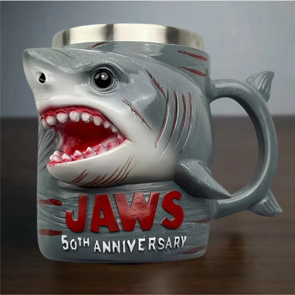 New Stainless Steel Liner Jaws 50th Anniversary Mug Creative Resin Material Ocean Theme Cup Funny 3D Design Shark Coffee Cup