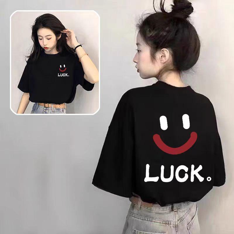 Women's Crew Neck Short Sleeve Oversized Tee Loose Fit Casual Cotton Top Front Back LUCK Smiley Face Letter Print Summer Tunic