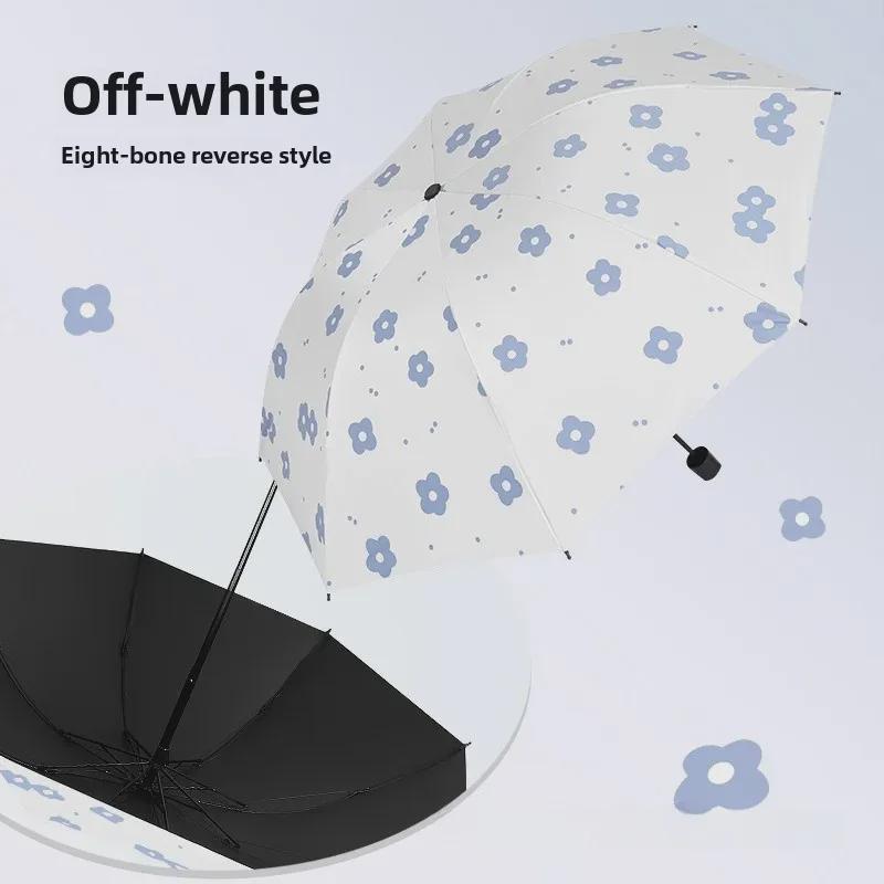 Автоматический женский зонт-цветок двойного назначения: Защита от ветра/дождя и УФ-излучения с тройным складыванием на черном клее.
