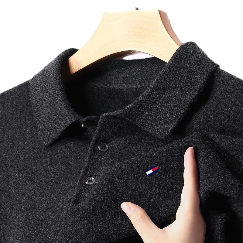 Оригинальный мужской джемпер Tommy из кашемира с длинным рукавом - Однотонный, с вышивкой, с воротником, большого размера, универсальный вязаный базовый слой.