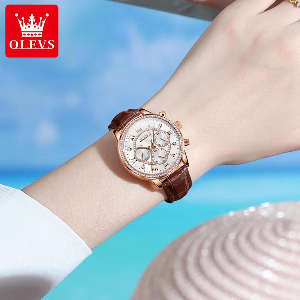 Women's Watches Fashion Elegant Diamond Bezel Watch for Ladies Soft Leather Strap Waterproof Luminous Chronograph