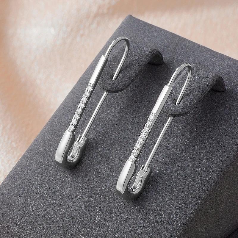 Silver Color Micro Inlay Zircon Pin Piercing Dangle Earrings for Women Modern Style Personality Party Jewelry