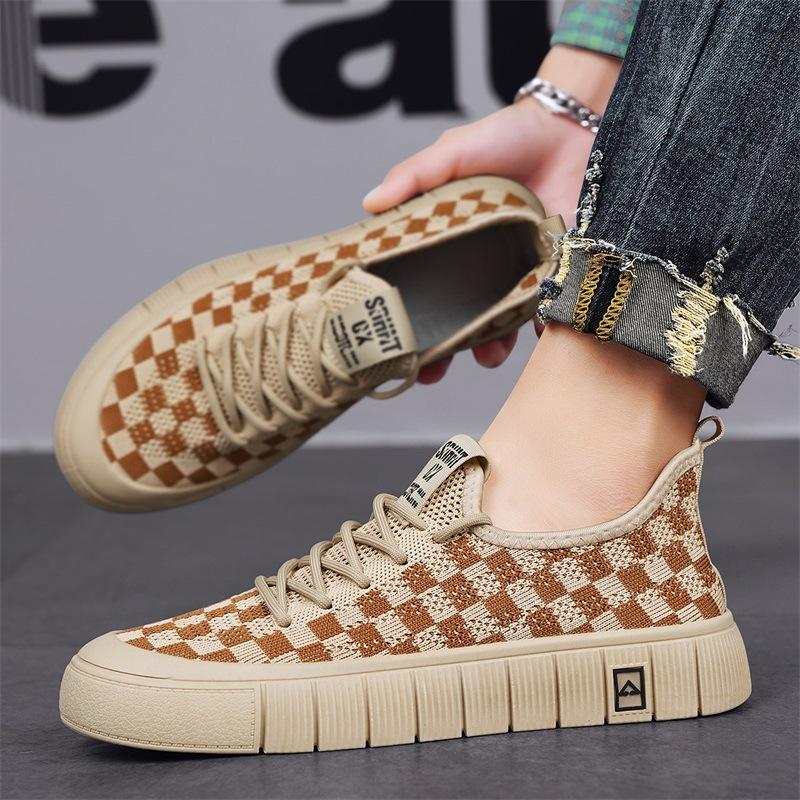 Fashion Plaid Casual Sneakers for Men  Platform Breathable Flats Shoes for Men's Lace-up Khaki Shoes Color Matching Designer Sneakers