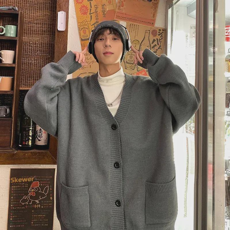 Мужской кардиган в японском стиле с V-образным вырезом в ретро-стиле — вязаный свитер на осень/зиму, модная и свободная верхняя одежда.