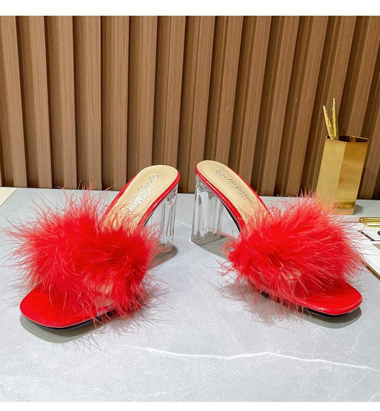 Women Clear Heels Sandals Fluffy Slippers Furry Slides for Women