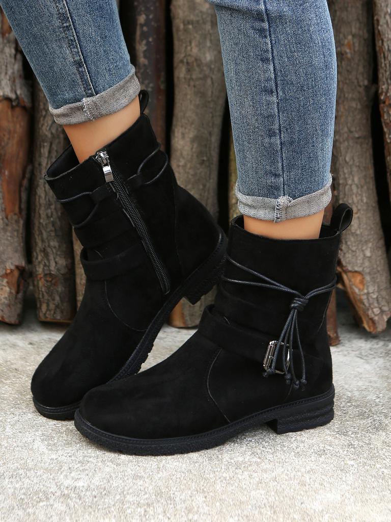 Womens Classy Elegant Ankle Boots Adjustable Buckled Bands Side Zip Heels Booties Autumn Vintage Boots for Women