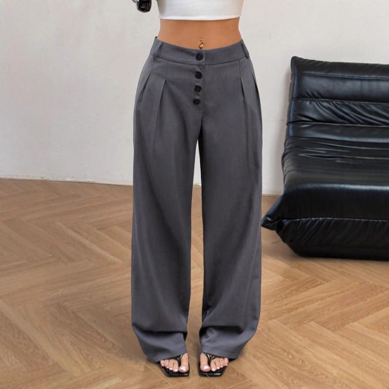 Women's American Retro Design Buttoned Casual Trousers Women's Commuting Style Draped Wide-leg Trousers