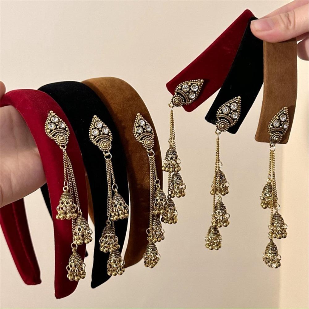 Бархатная повязка для волос с кисточками и колокольчиками, заколка для волос в китайском стиле, украшение в этническом стиле