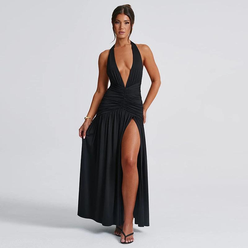 Summer New Women's Clothing Temperament Halter Neck V-neck Long Skirt Sexy Slit Pleated Backless Dress