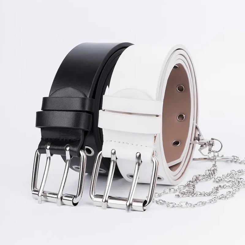 Women's Punk Chain Leather Belt with Rivet & Eyelet Details