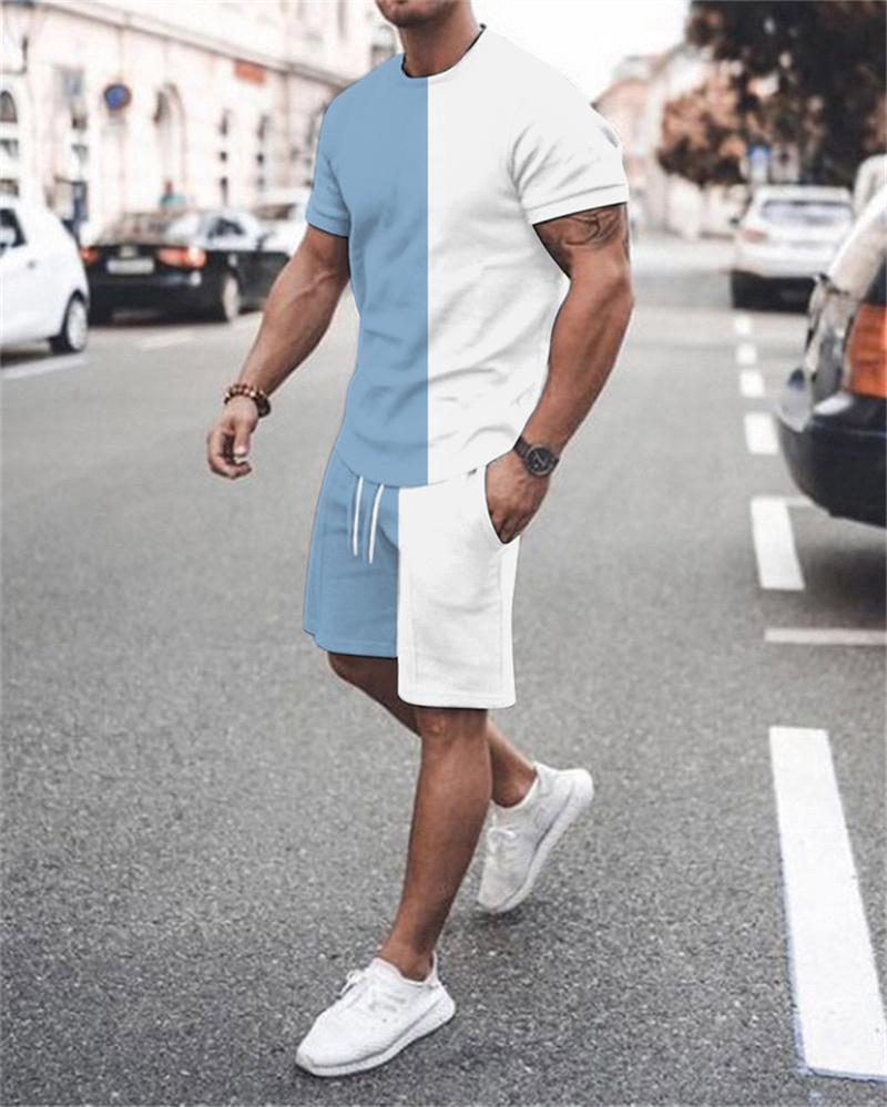 Мужской спортивный костюм футболка + шорты тренировочная одежда, комплект из 2 предметов, разноцветная спортивная одежда с короткими рукавами и 3D красно-черным узором