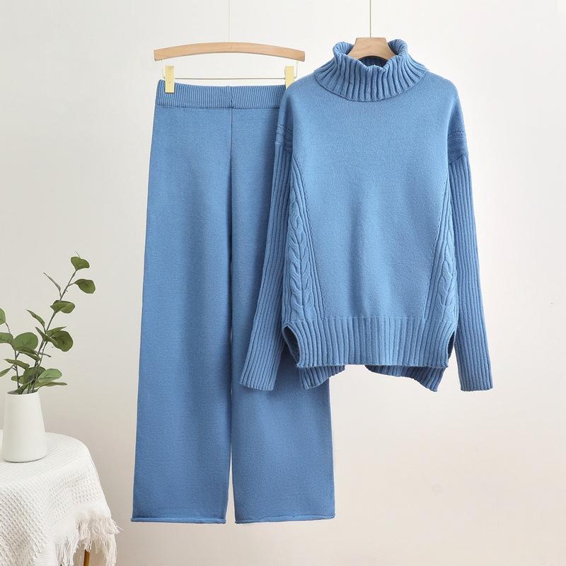 Women's 2-Piece Turtleneck Knit Sweater and Coat Set Casual Loose Wide-Leg Pants Elastic Waist Outfit