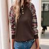 2025 Women’s Fashionable Diamond Plaid Splicing Long Sleeve Round Neck Casual Sweater