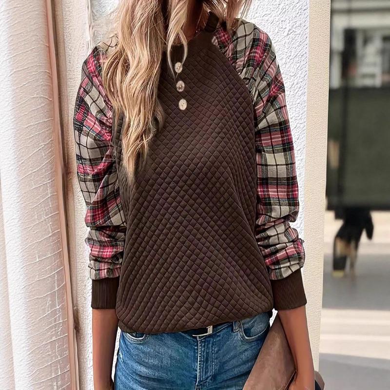 2025 Women’s Fashionable Diamond Plaid Splicing Long Sleeve Round Neck Casual Sweater