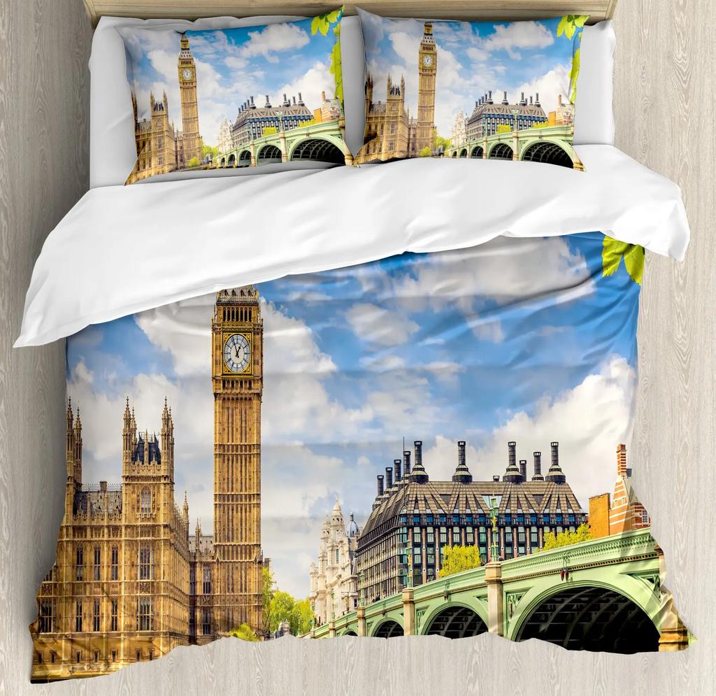 Лондонские Часы Трамваи Мосты Комплект Постельного Белья Лондон Комплект Пододеяльника Лондонская Телефонная Будка На Улице Традиционный Местный Культурный