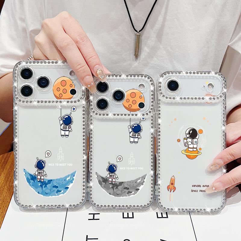 Милый чехол с принтом космонавта и блестящими бриллиантами для iPhone 17 Air 16e 16 14 15 13 17 Pro Max 15 16 Plus 17 Мягкий силиконовый чехол для телефона