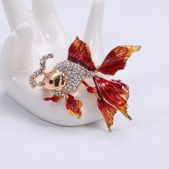 Брошь «Золотая рыбка» Декор со стразами Градиент контрастного цвета Реалистичная форма рыбы 3D Цветная нержавеющая сталь Роскошь