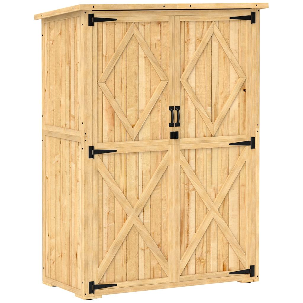 Garden Storage Shed, Wooden Shed for Tools and Garden Equipment, Asphalt Roof, Double Doors, Spruce Wood, Light Brown