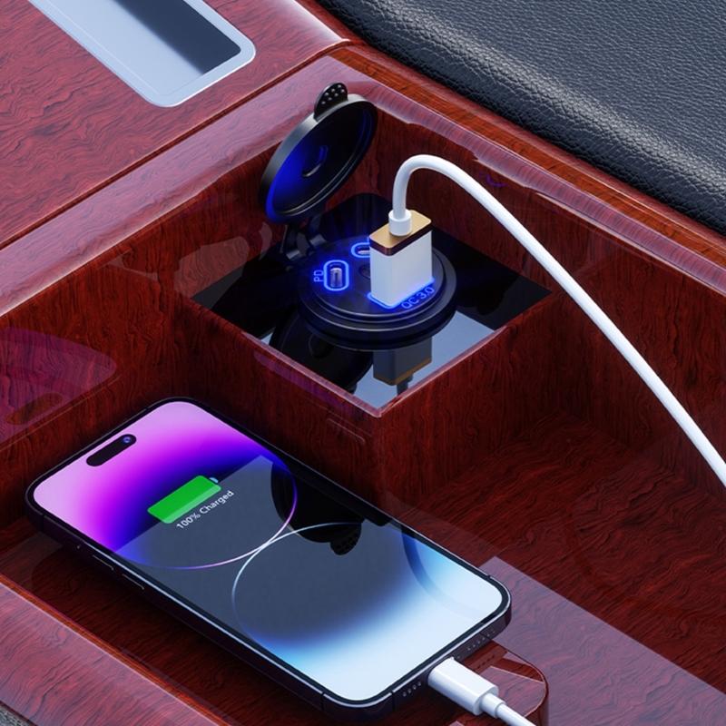 Автомобильная розетка с двойной быстрой зарядкой PD45W и светодиодной подсветкой, водонепроницаемый USB-адаптер QC3.0 для 12 В/24 В автомобиля, лодки