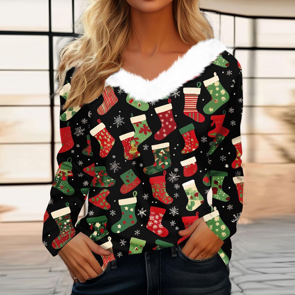 Женская футболка, рождественская рубашка с длинным рукавом, вечерние, рождественский флисовый воротник, топ с v-образным вырезом