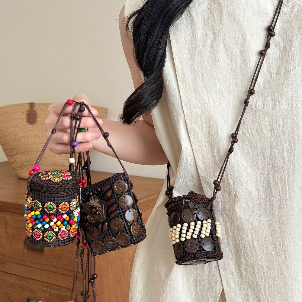 Portable Cloth Ethnic Style Crossbody Bag Retro Coconut Shell Handmade Weave Bag Vintage Handbag Bohemian Shoulder Bag Women