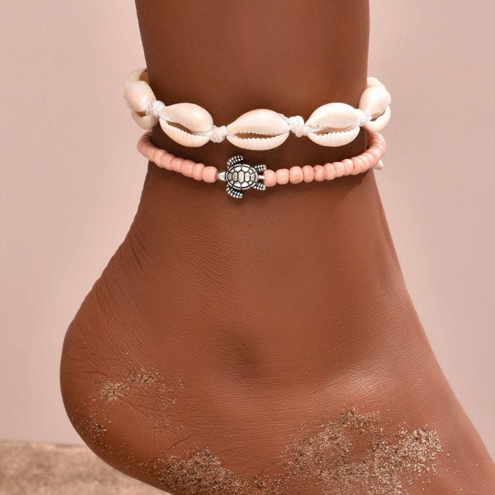 2PCS Shell Rice Beads Anklets Set Braided Rope Fashion Girl
