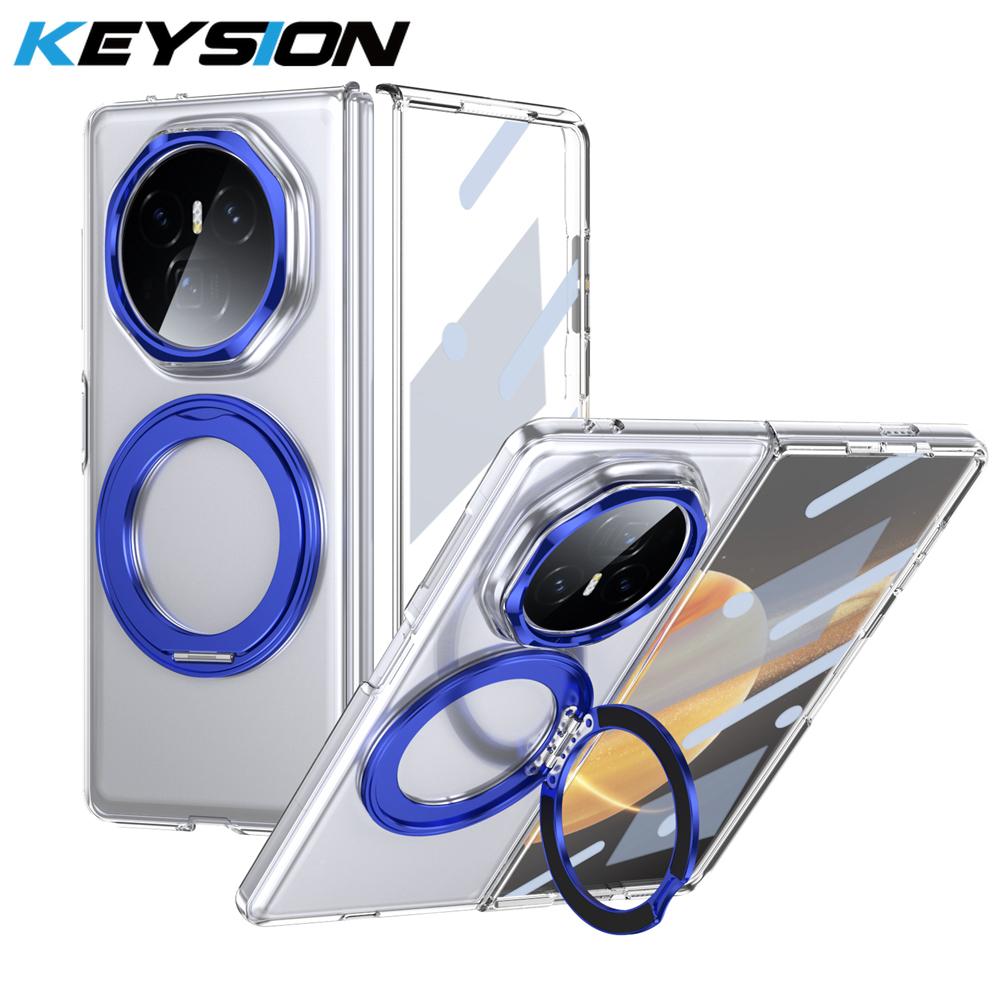 KEYSION Вращающийся на 360° магнитный чехол-подставка с кольцом для HONOR Magic V3, прозрачный жесткий чехол для ПК-телефона со стеклянным защитным экраном