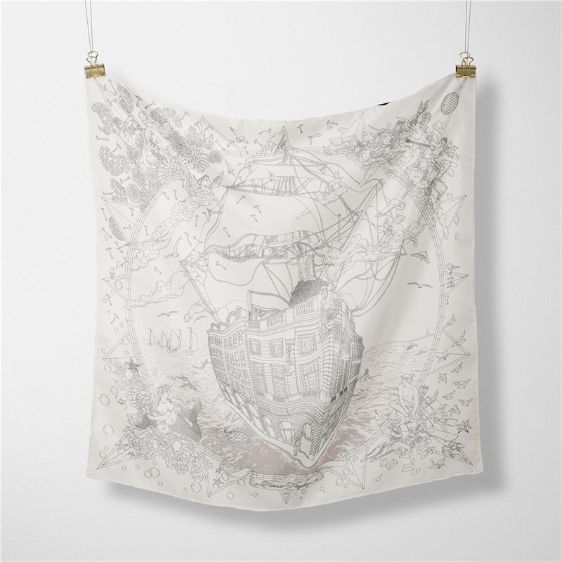Twill Silk Scarf Woman Boat Print Square Scarves Wraps Bandana Small Hijab Silk Foulards Tie Headband Neckerchief 53CM