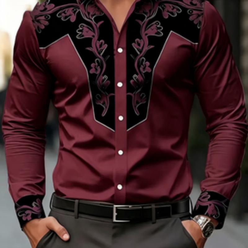 Men's shirt long sleeved printed shirt European and American business lapel