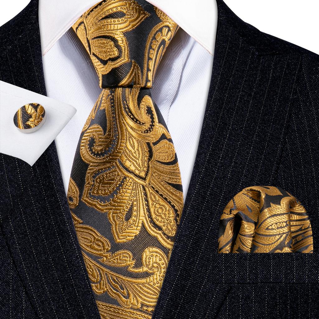 Barry.Wang Mens Ties Fashion Paisley Jacquare Silk Hanky Cufflinks Neckties Set Formal Casual
