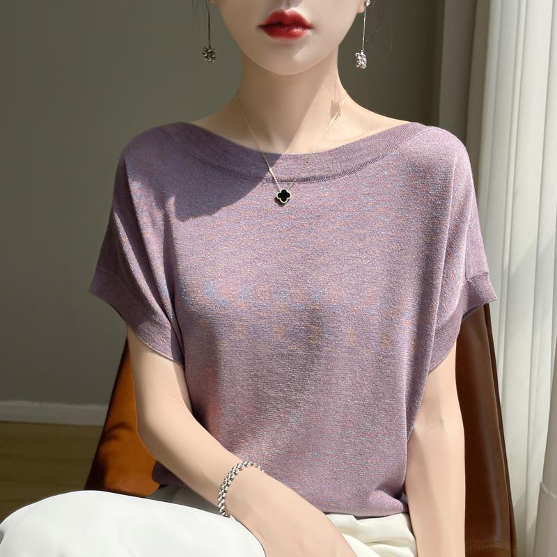 Women Knit T-shirt MODERN NEW SAGA Summer Knitted Shirt Short Sleeve Tees Slash Neck Pullover Knit Tops