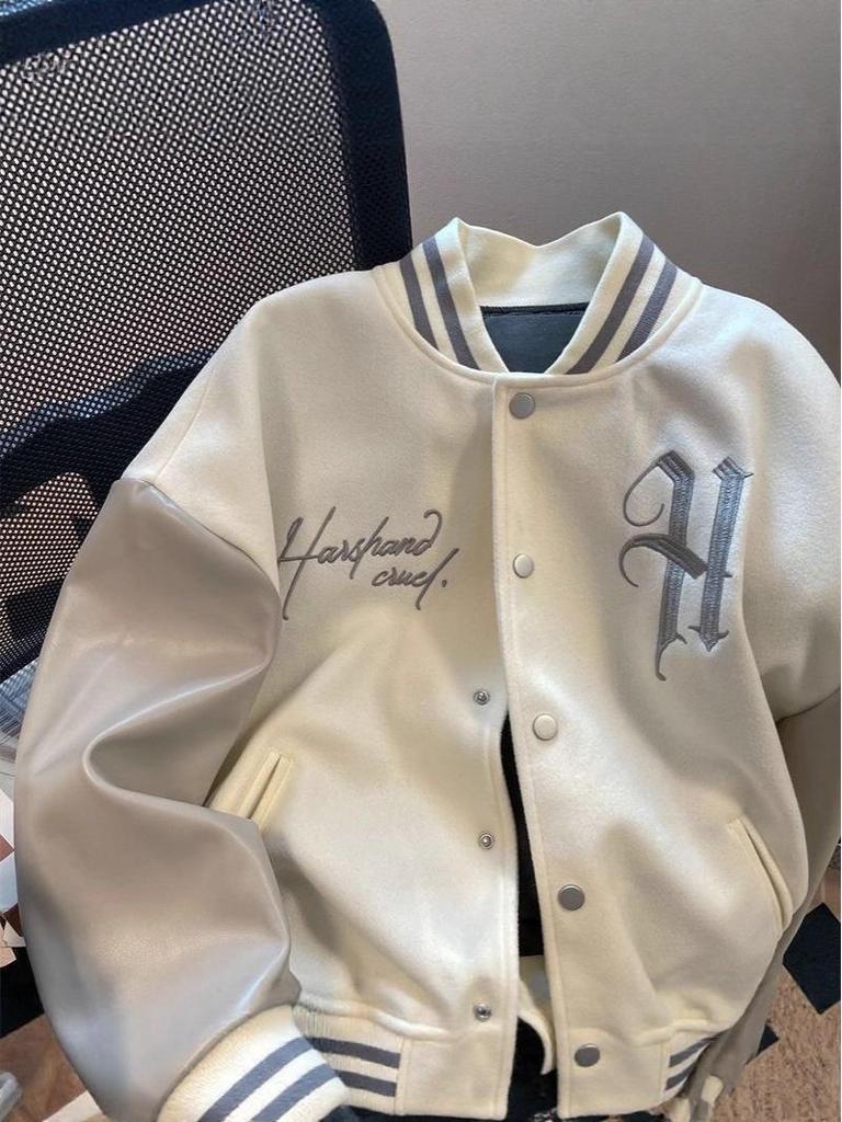 Мужская осенне-зимняя свободная бейсбольная куртка с американской вышивкой и кожаными рукавами