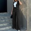 Women Wide Leg Pants with Sleeveless Vest Solid Color High Waist Elegant Lady Baggy Pants Set Casual Streetwear