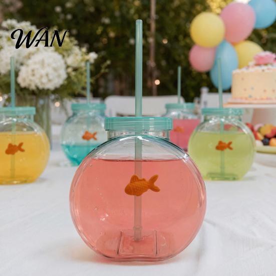 Orange Fish Straw Cup Bowl Bottle with Straw, Plastic Fishbowl Tumblers Lids, Unbreakable Ornament Cups Spill Resistant for Drinks Summer Drink,