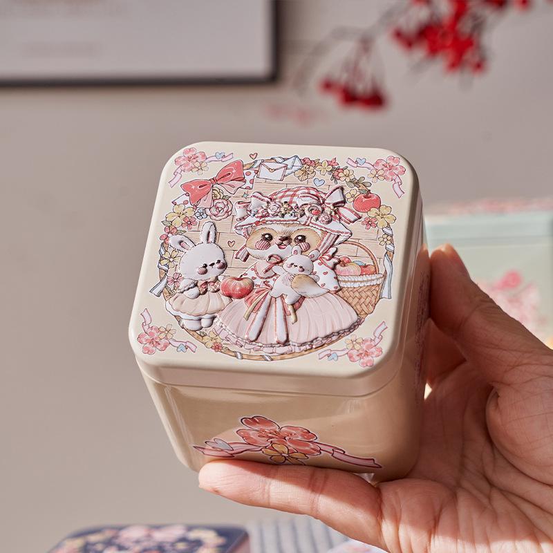 1 шт. Квадратная жестяная коробка с рельефным рисунком кролика, жестяная банка для хранения, контейнер для конфет, печенья, чая, многоразовая, герметичная, подарочная коробка для дома и кухни