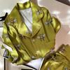 Women's Pajama Set Spring Autumn Two Piece Bee Print Pyjama Pocket Silk Satin Sleepwear Long Sleeve Pijama Homewear