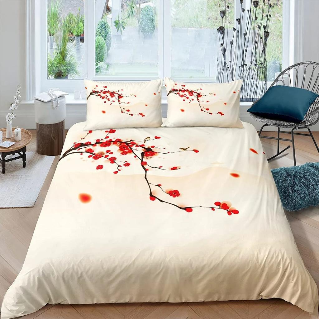 Plum Blossom Duvet Cover Set Red Flower Floral Comforter Cover For Girls Teens Microfiber Butterfly Branches Printed Bedding Set