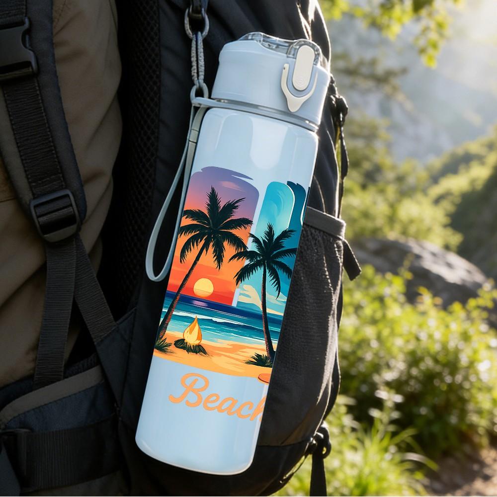 1PC Beach Life Tropical Coast Poster 750ml Color Plastic Sports Water Bottle Leakproof Flip Straw Lid Suitable for Sports Office Home Use