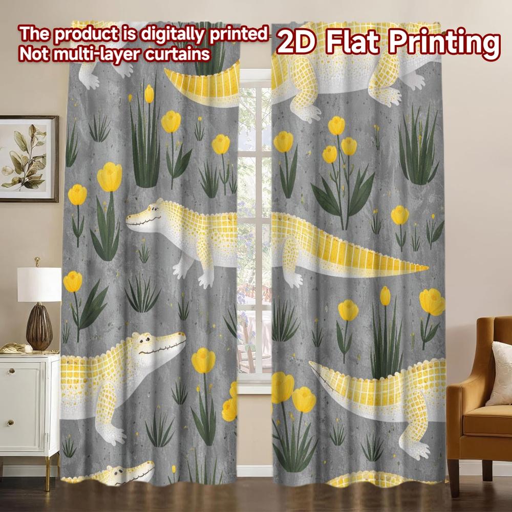 2D FLAT PRINTING 2pcs Curtains (Without Rod) Yellow Alligators and Flowers Popular Curtains 100% Polyester Curtains Festive for