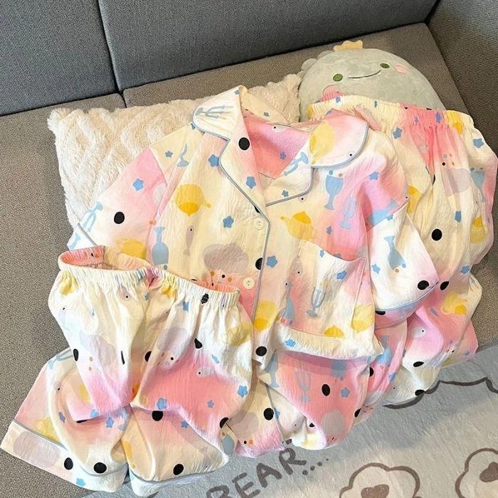 Polka dot KT cloud cotton pajamas women's three-piece summer short-sleeved shorts trousers cardigan student large-size loungewear