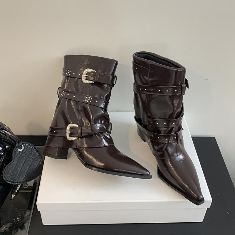 Miting Fashion Trouser Boots 2025 Autumn and Winter New Pointed High Heel Temperament Sleeve Rivet Belt Buckle Fashion Short Boots