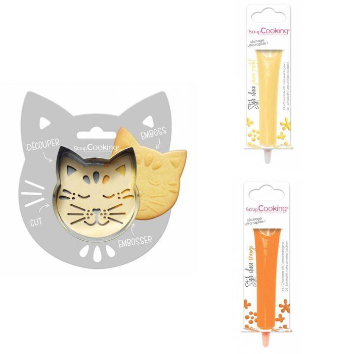 Cat Embossed Cookie Kit + 2 Pastel Yellow and Orange Chocolate Pens